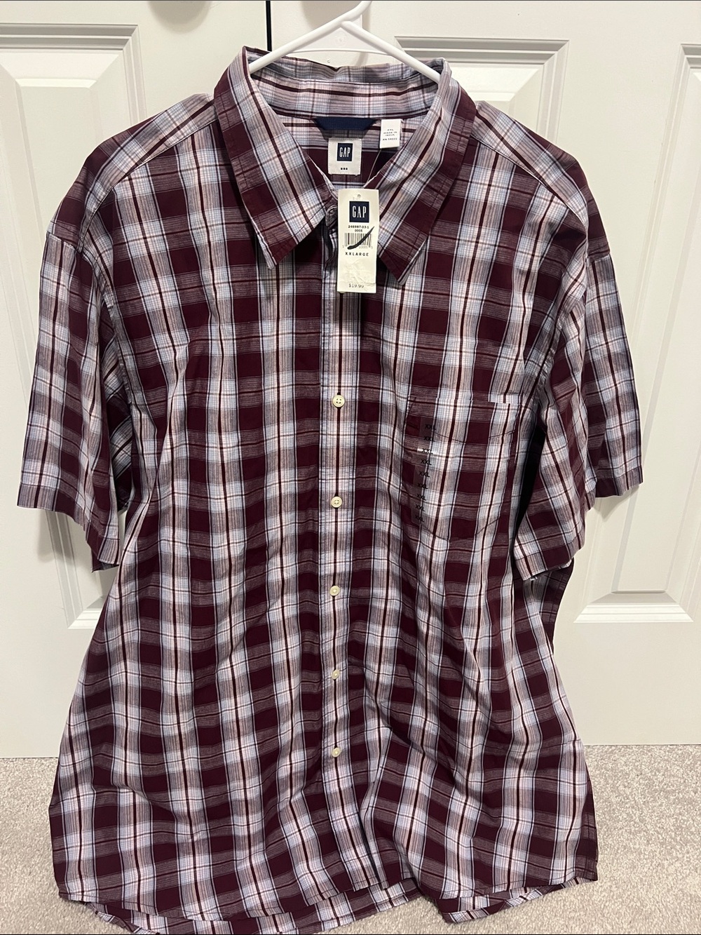 GAP Men's Short-Sleeve Plaid Button-Down Shirt - Maroon & White